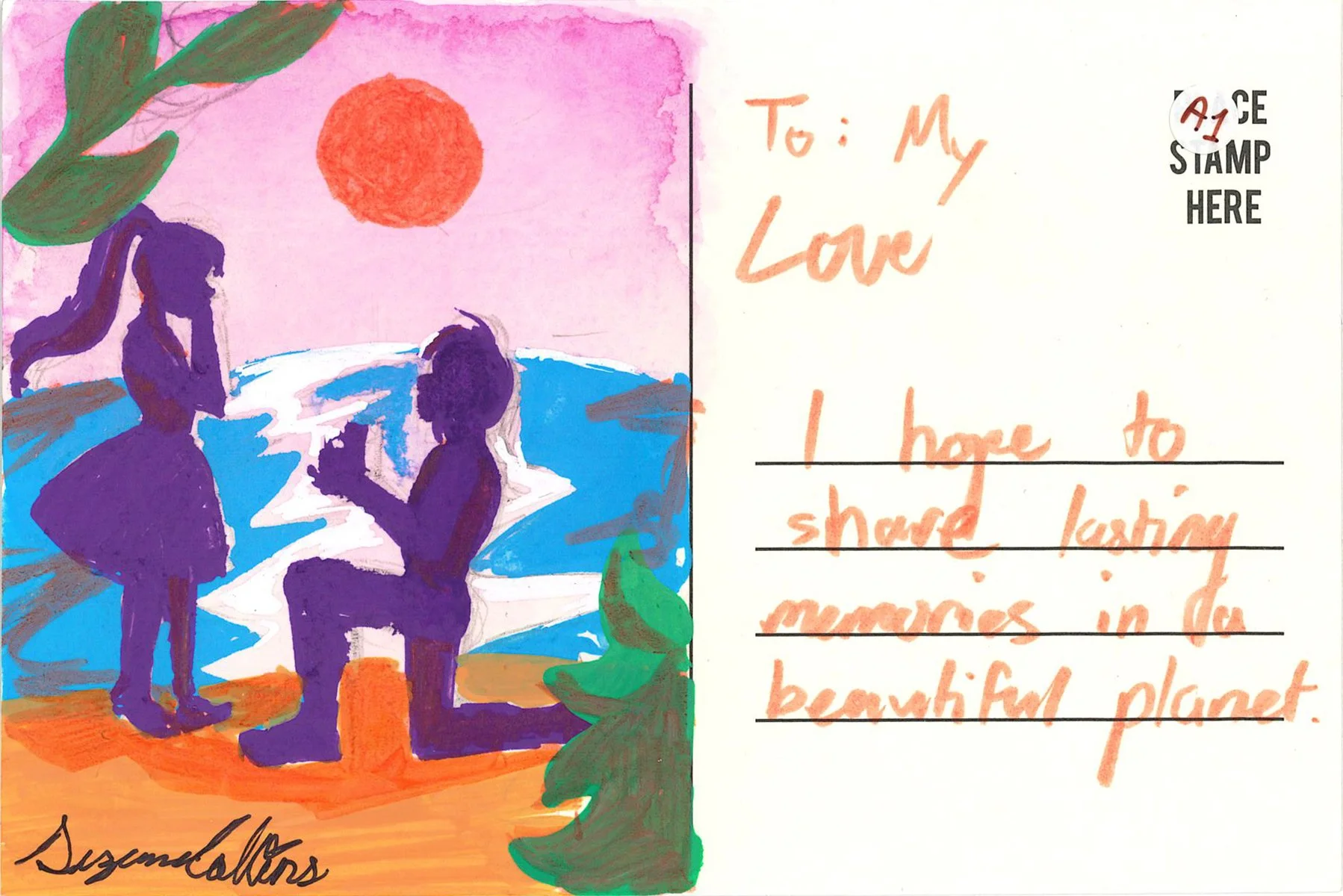 A1 (front): "Wedding proposal in a tropical land surrounded by beautiful waters." Artist: Suzanne Collins