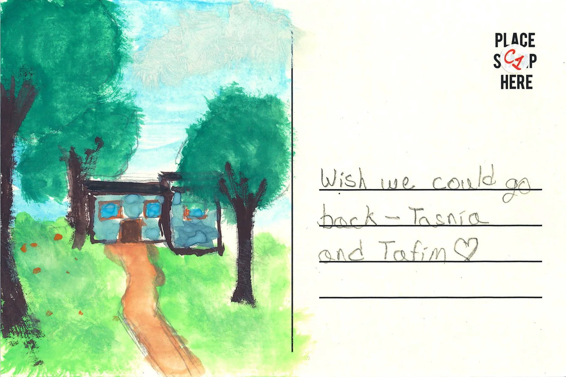 C1 (front): Childhood house. "Wish we could go back." Artist: Efaz Chowdhury