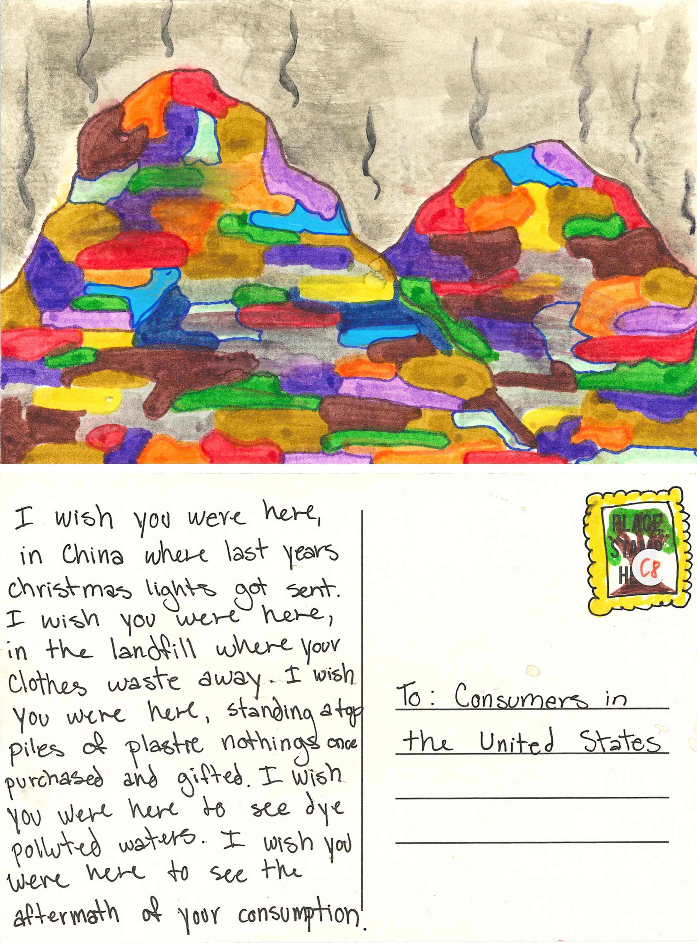 "Mountains of textile waste exported from the US to other countries." Artist: Greta Cotraccia