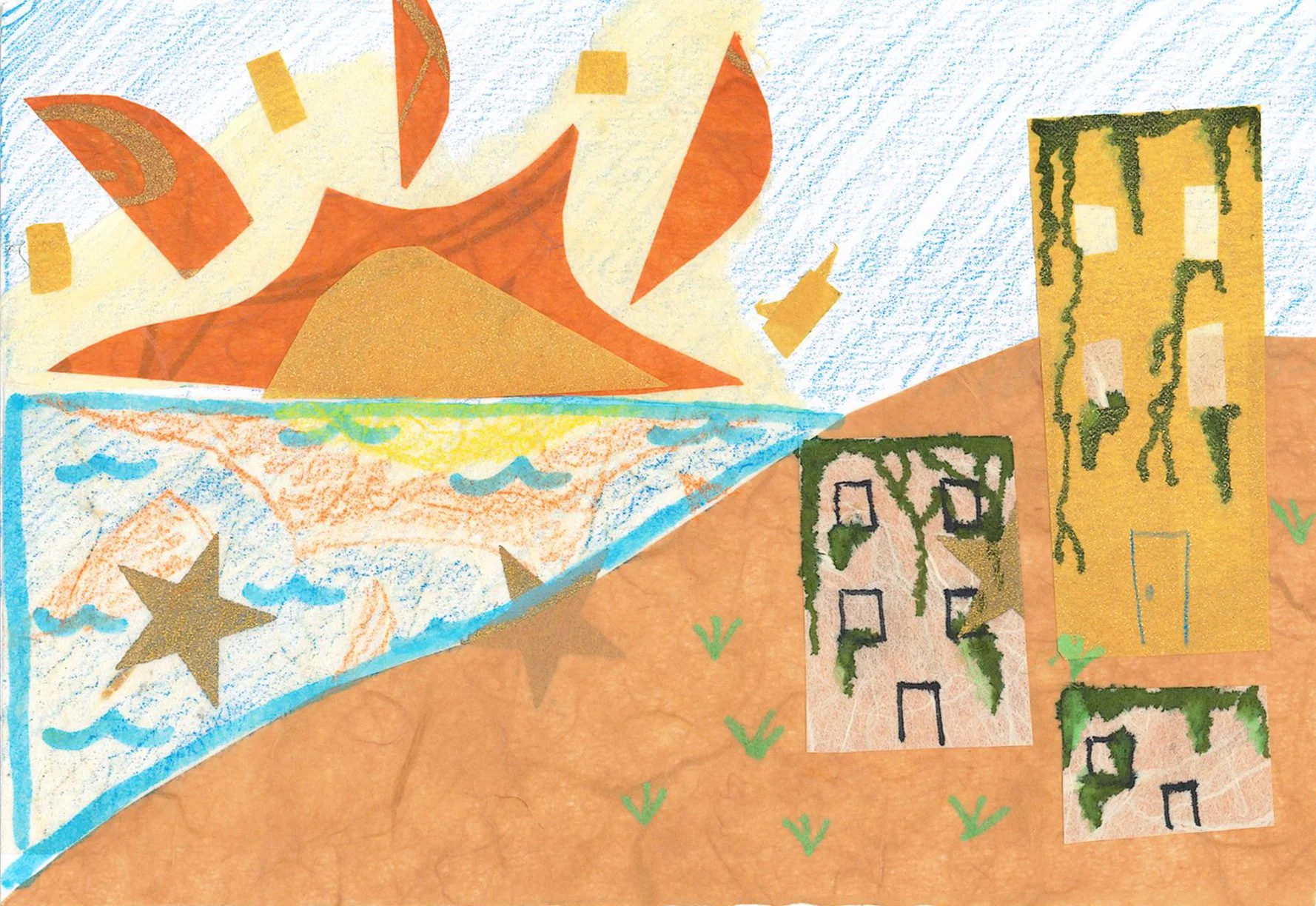 A4 (front): "A sunset with an abandoned building that's been covered by ivy or greenery in the future." Artist: Emma Chee