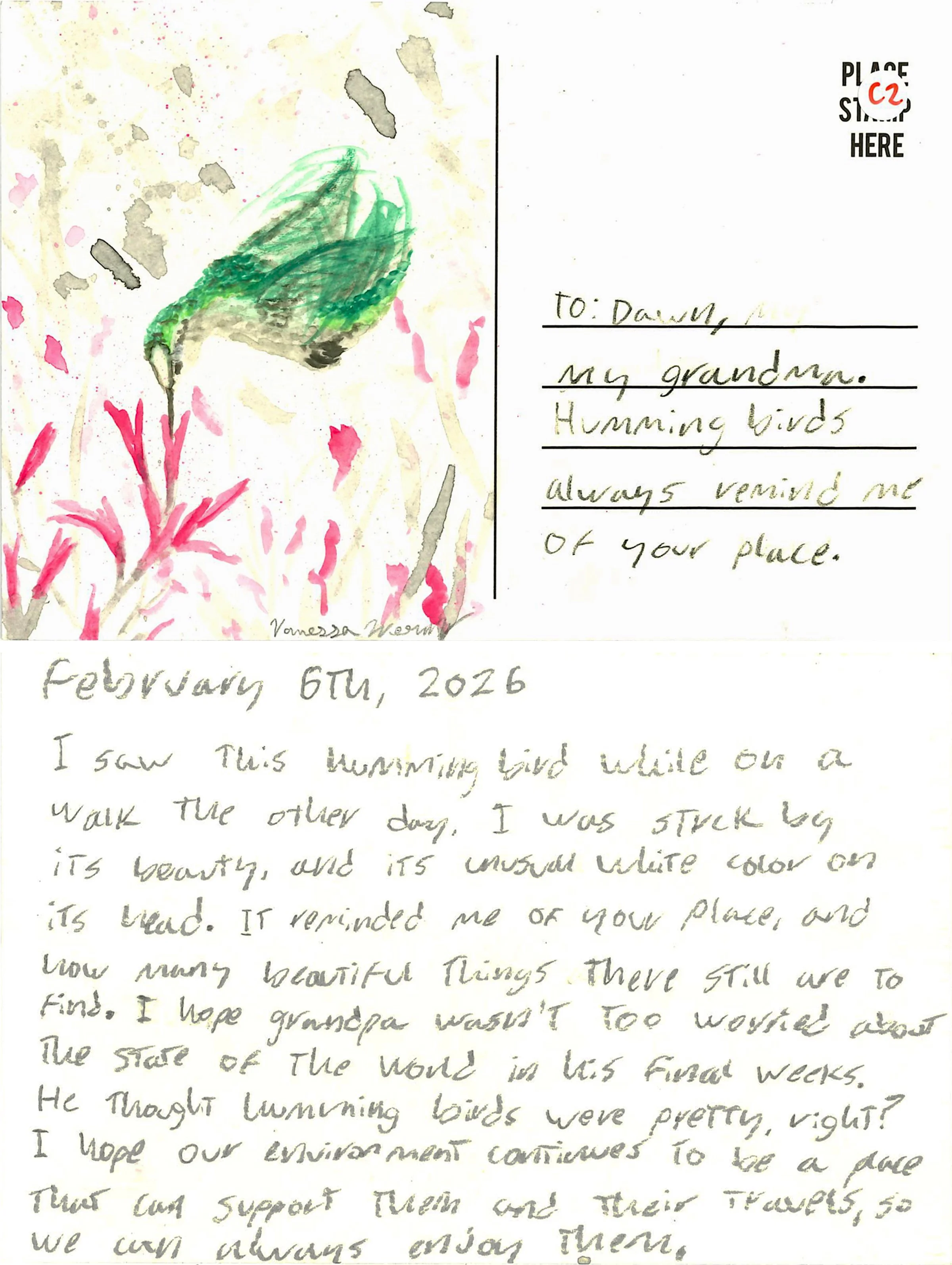 Hummingbird. "I'm just happy to notice pretty little things." Artist: Vanessa Wernz