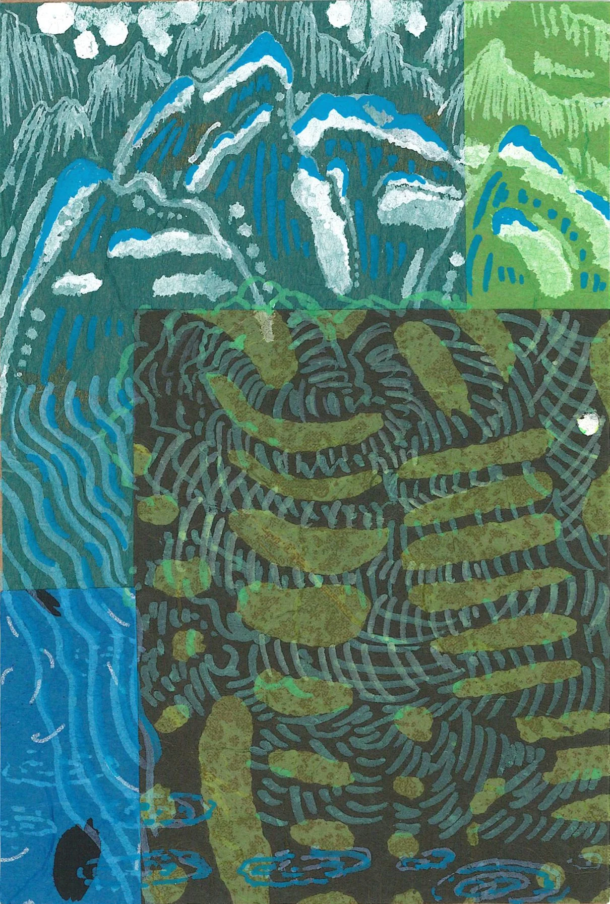 A2 (front): "Abstract collage with elements of mountains, trees, and rivers as well as different lines to represent the various ways people address protecting our shared world."