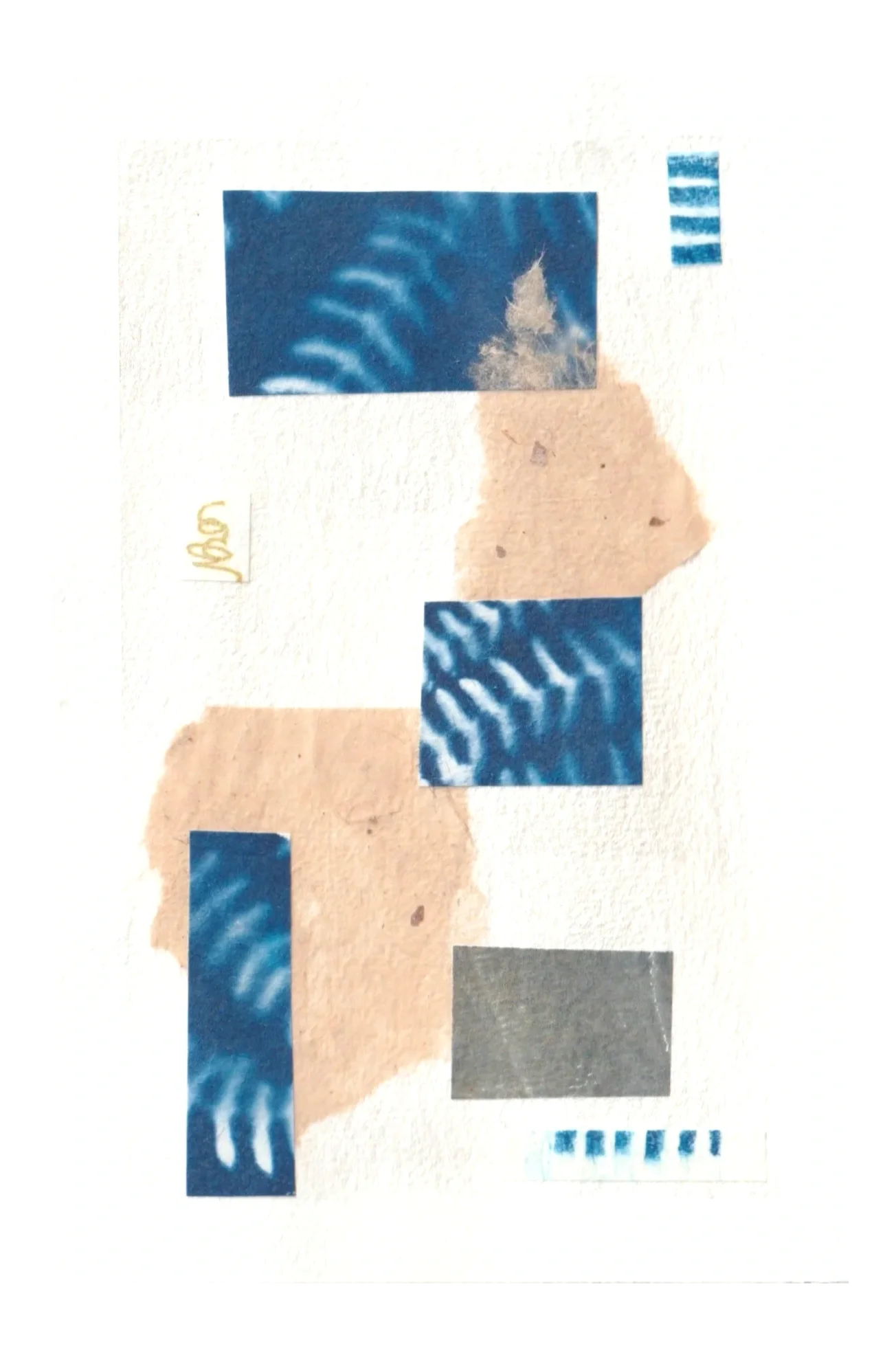 Indigo — collage sur papier — A6 — papier coton, encre acrylique, papiers divers — 2026.