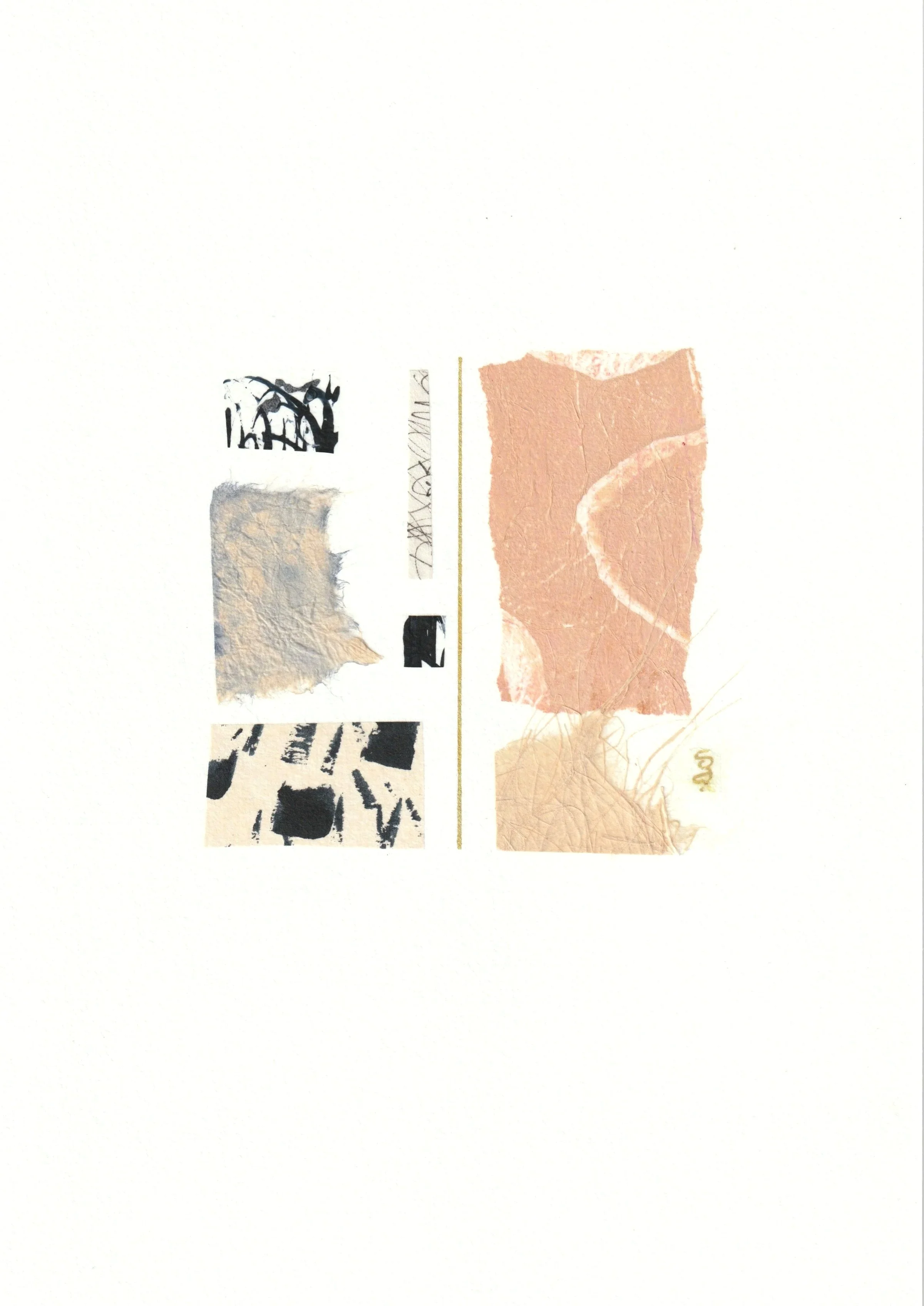 Quiet Ground, 2026 — petits fragments de papier et de washi bleus, noirs et beiges disposés sur papier coton