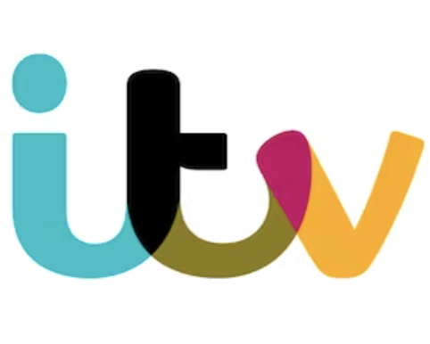 The ITV logo with colorful, overlapping letters in light blue, black, green, pink, and orange.