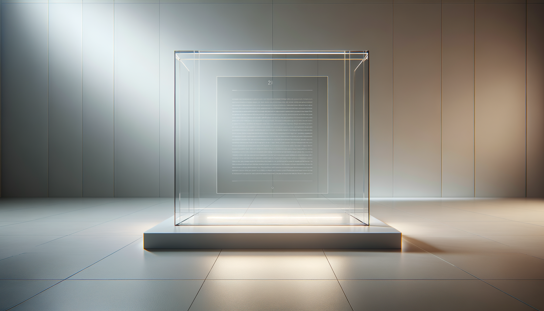 An art exhibit with a glass display case on a white pedestal, containing a framed text, set against a modern, minimalistic wall with beige and gray panels.