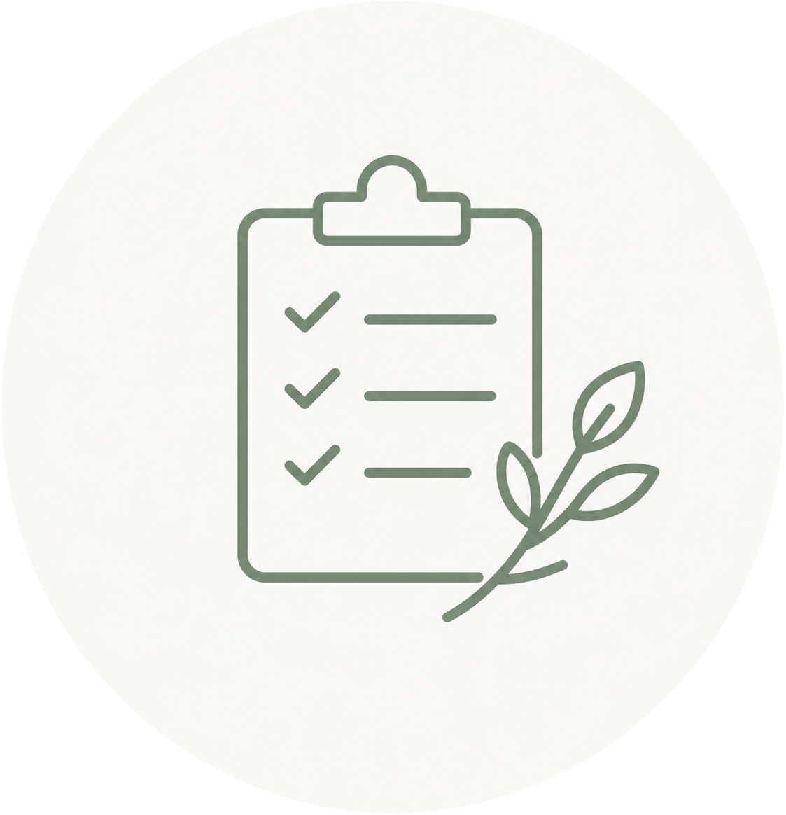 Outline of a clipboard with checkmarks and lines, accompanied by a sprig of leaves.