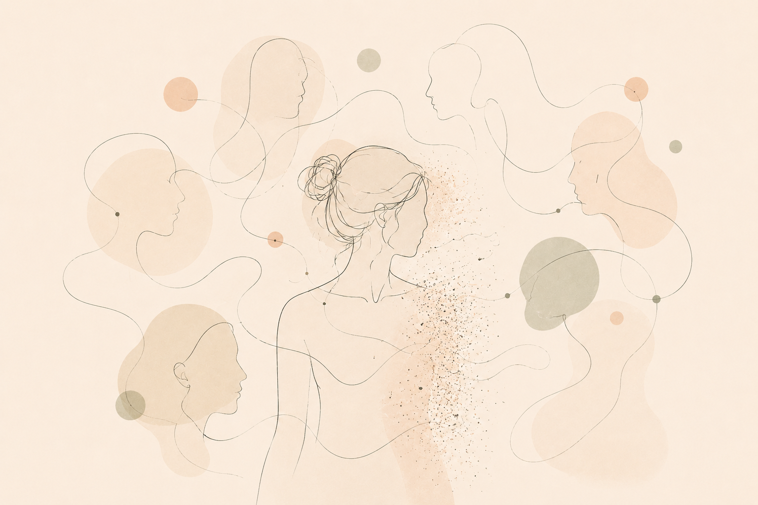 Abstract minimalist illustration in warm neutral tones showing a woman surrounded by fragmented faces and flowing lines, symbolizing hyper-attunement, people-pleasing, emotional masking, and loss of self in relationships.