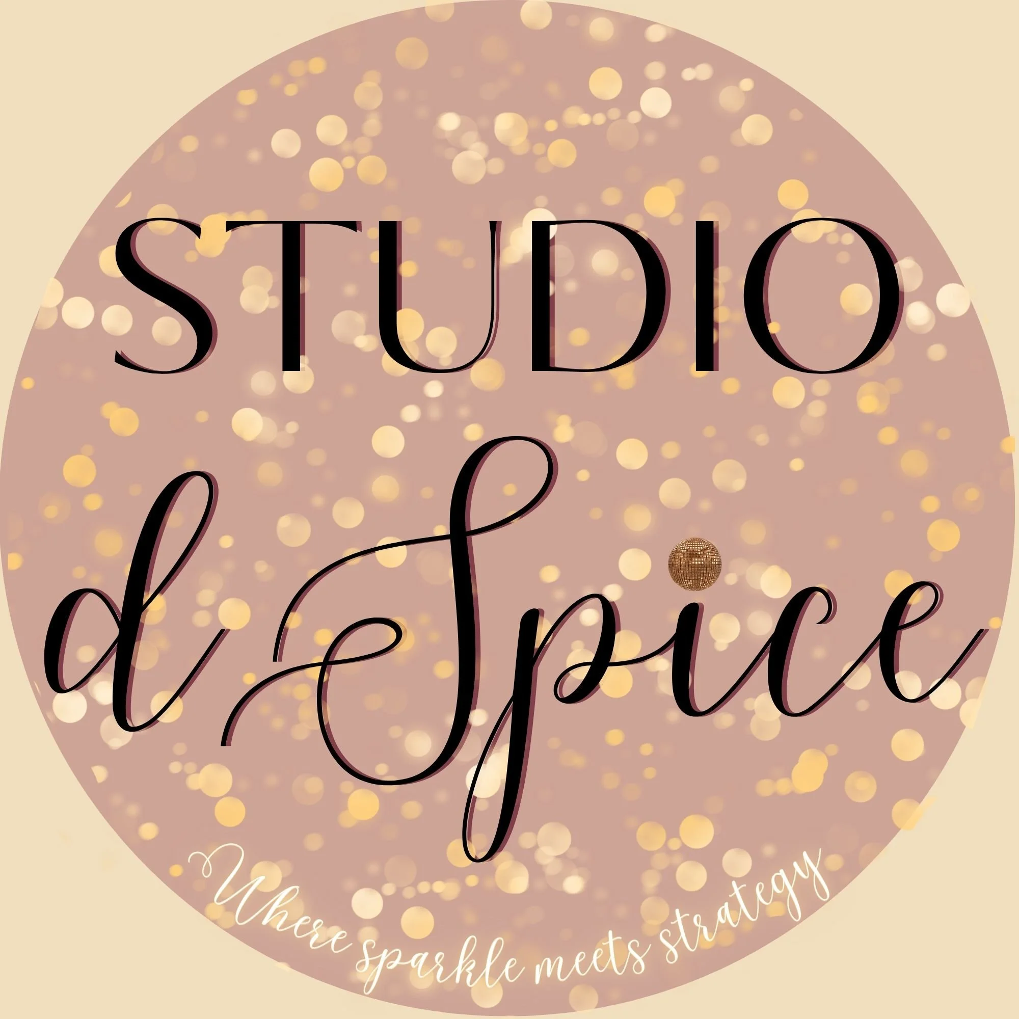 Logo for 'Studio d'Space' with a glittery background in shades of pink and gold, and the tagline 'Where sparkle meets strategy' in white cursive at the bottom.