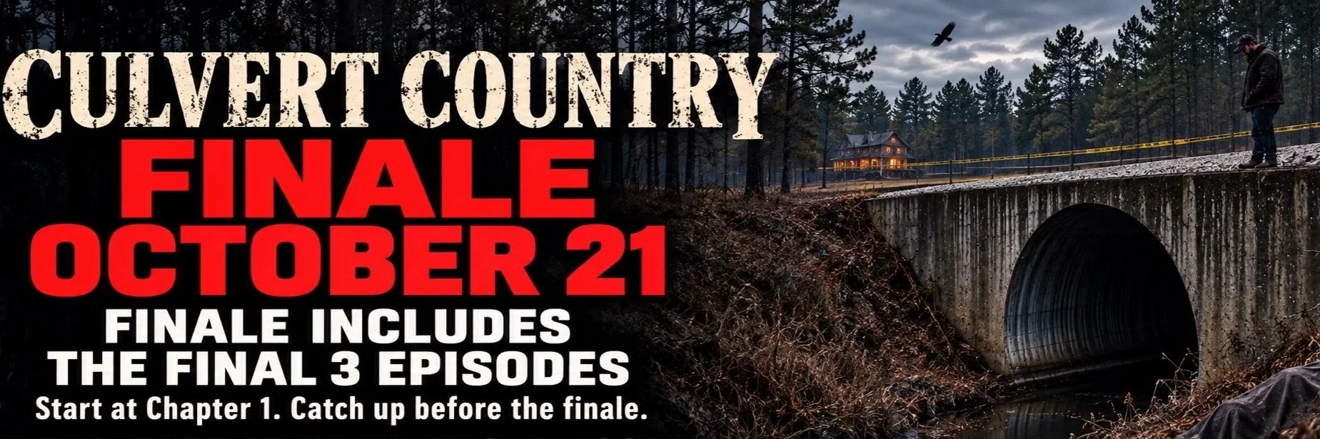 Poster advertising the final episode of Cumvert County on October 21, including the last three episodes, with a background image of a forested area, a bridge, and a person standing on the bridge.