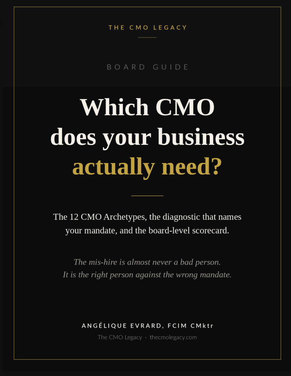 Cover page of a guide titled 'Which CMO does your business actually need?' by The CMO Legacy, detailing 12 archetypes and scoring.