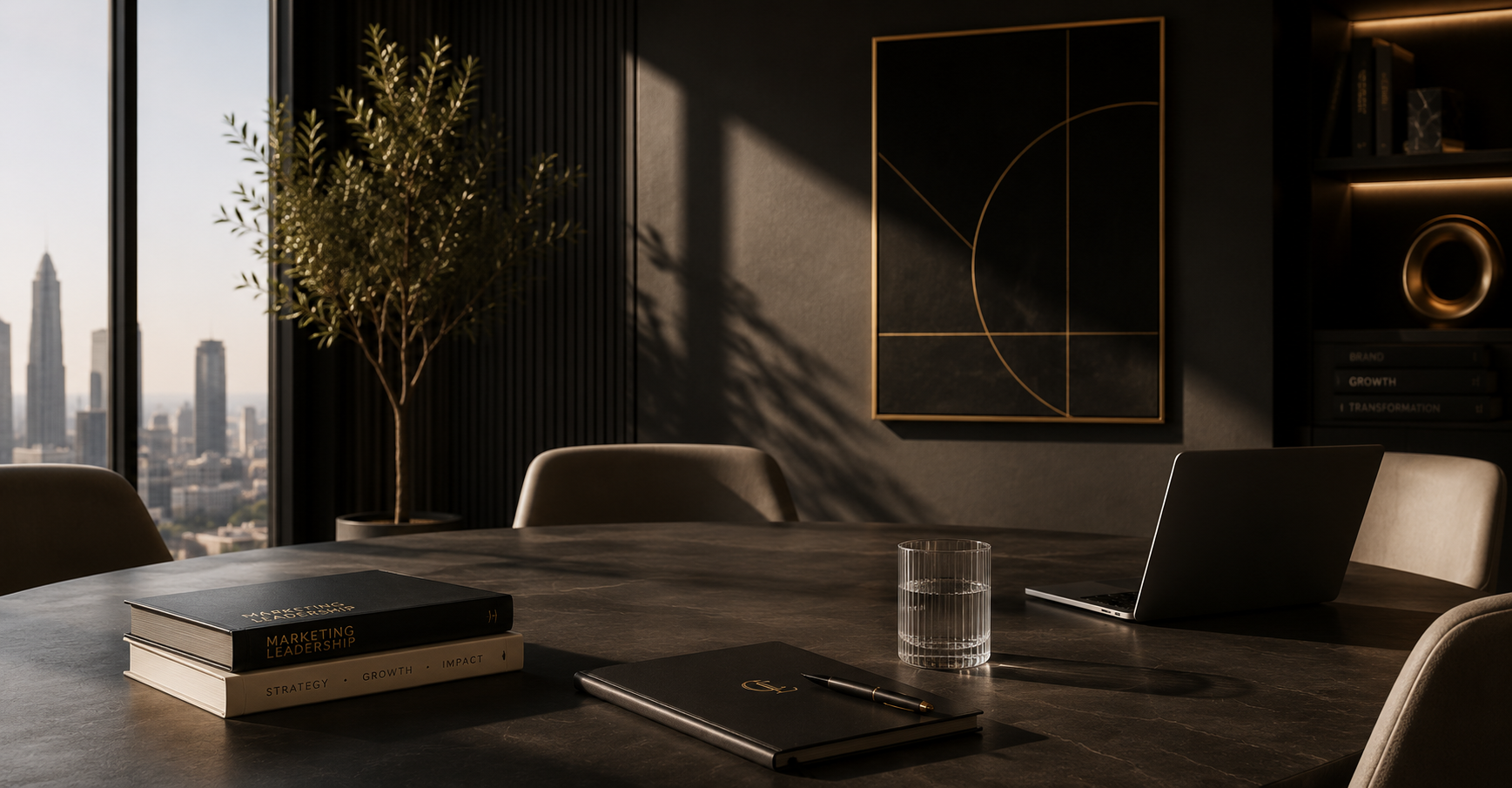 Modern office conference room with a dark wooden table, a laptop, a glass of water, and a closed planner. The room has a large window with a city skyline view, a potted plant, abstract wall art, and shelves with books and decor.