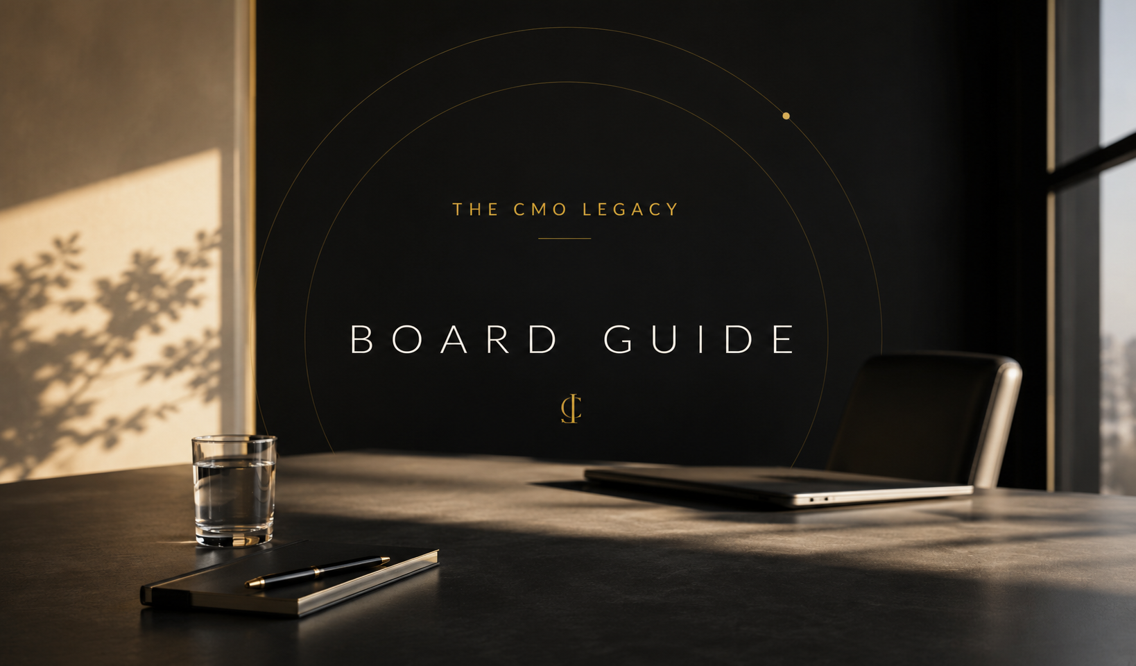 A professional office desk setup with a black notebook, a pen, a glass of water, and a closed laptop. In the background, a dark wall displays the text 'The CMO Legacy Board Guide' in gold and white, with subtle circular design elements. Sunny light casts shadows of a plant on the wall and desk.