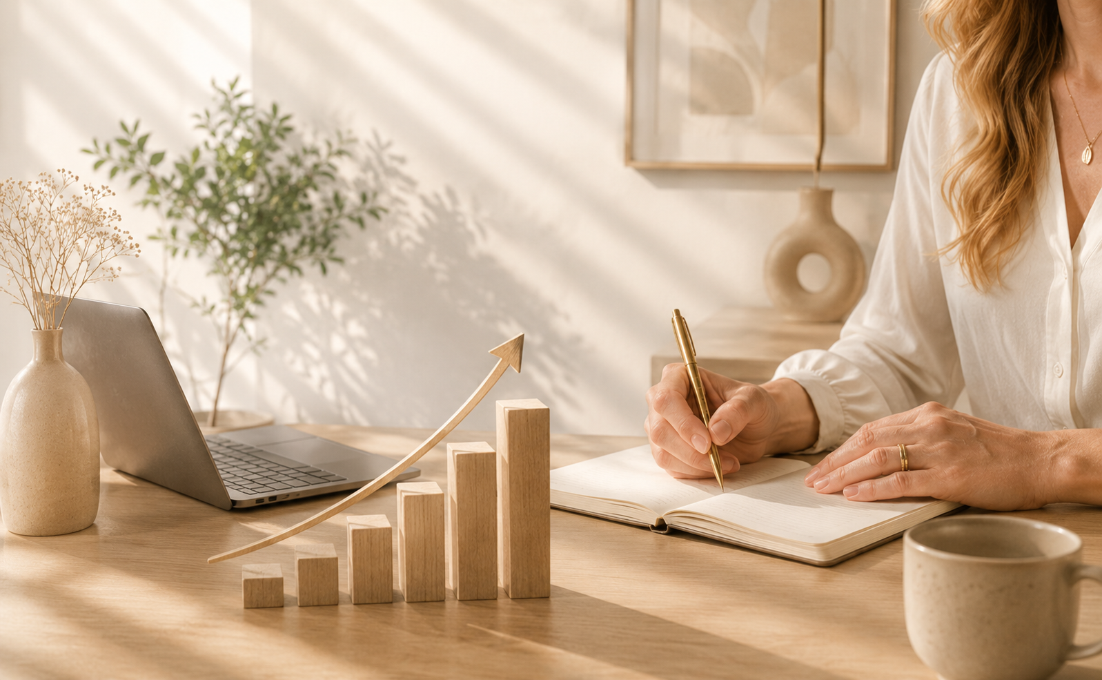 A woman writes in a notebook on a wooden desk with a laptop, wooden bar chart, a mug, and decorative items like a vase with dried flowers and a potted plant, in a well-lit, minimalist room.