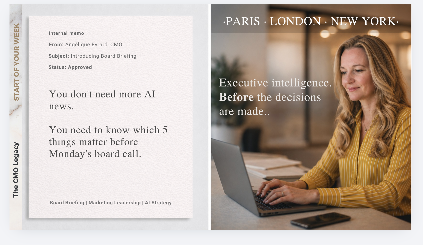 A woman with long curly blonde hair wearing a yellow striped shirt, smiling and working on a laptop at a desk in a modern, warmly lit office. The image includes text about executive intelligence and AI strategy, mentioning Paris, London, and New York, with a memo on the left side detailing a board briefing on five important things to know before a Monday call.