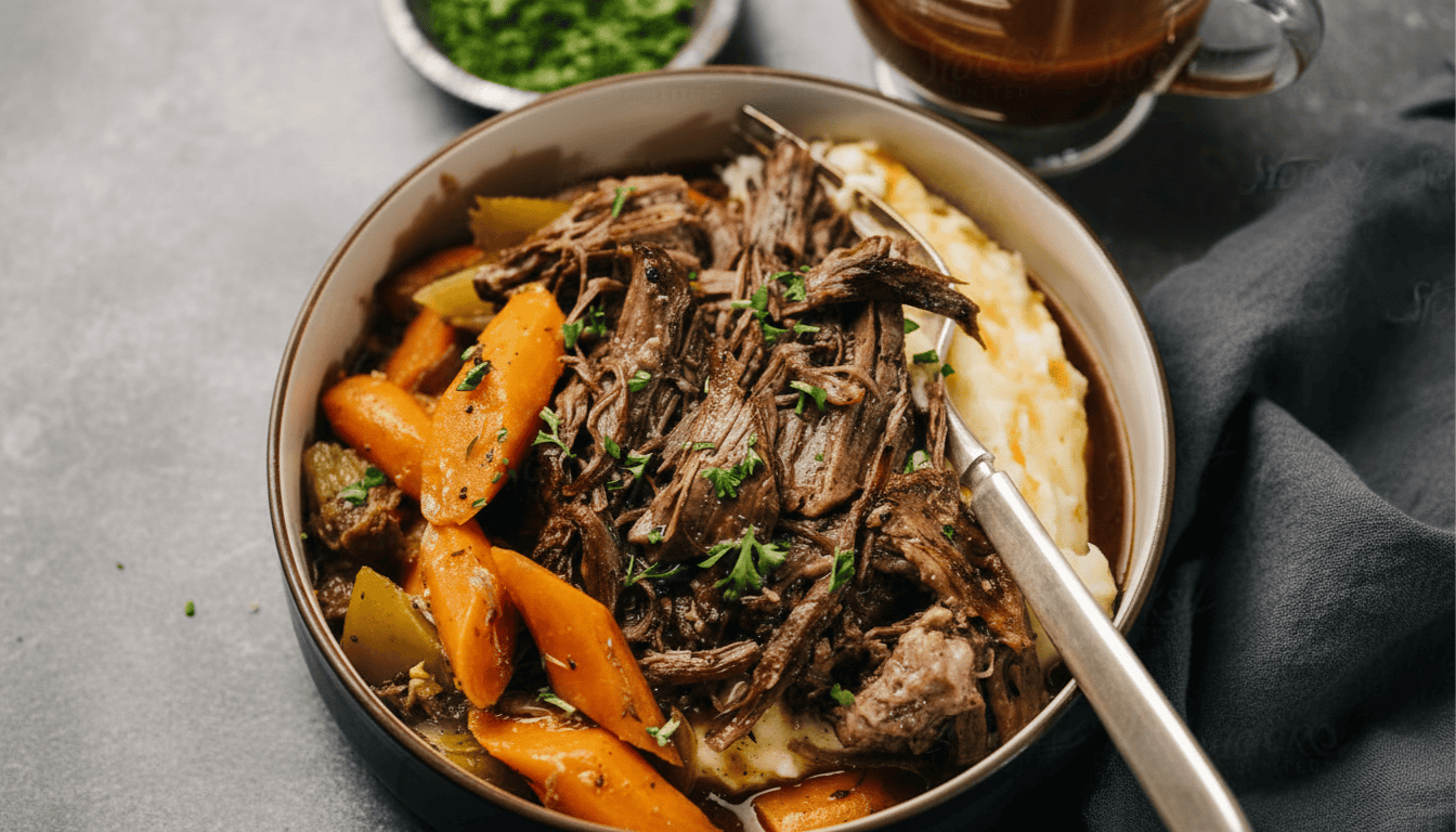 A bowl of beef stew with carrots, potatoes, and shredded beef served over mashed potatoes, garnished with parsley. There is a spoon resting in the bowl and a side of chopped green herbs in a small bowl nearby.