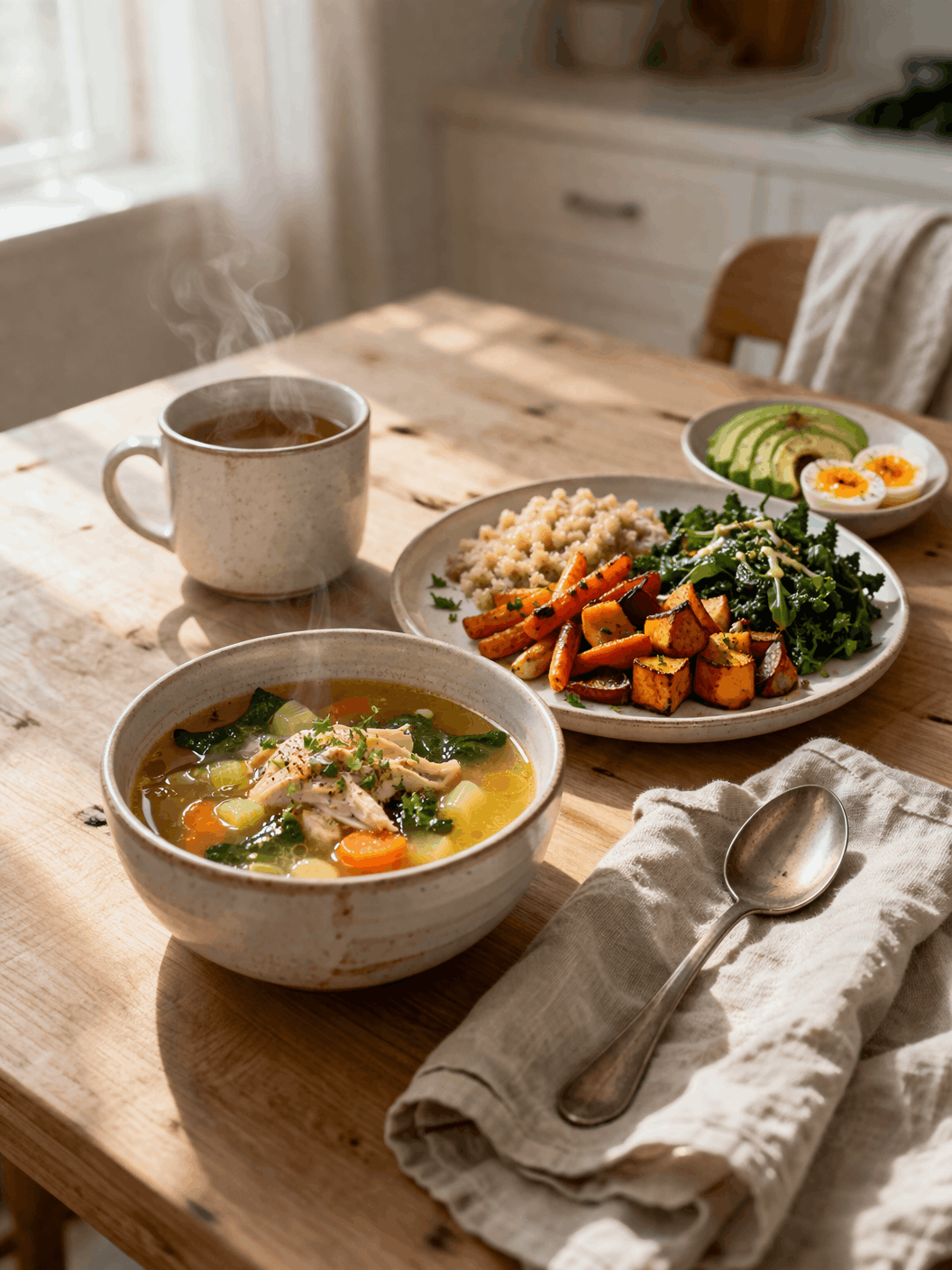 A cozy wooden table with a bowl of soup, a plate of roasted vegetables and grains, a bowl of sliced avocado and boiled eggs, a steaming cup of tea, a spoon on a napkin, and natural light coming from a nearby window.