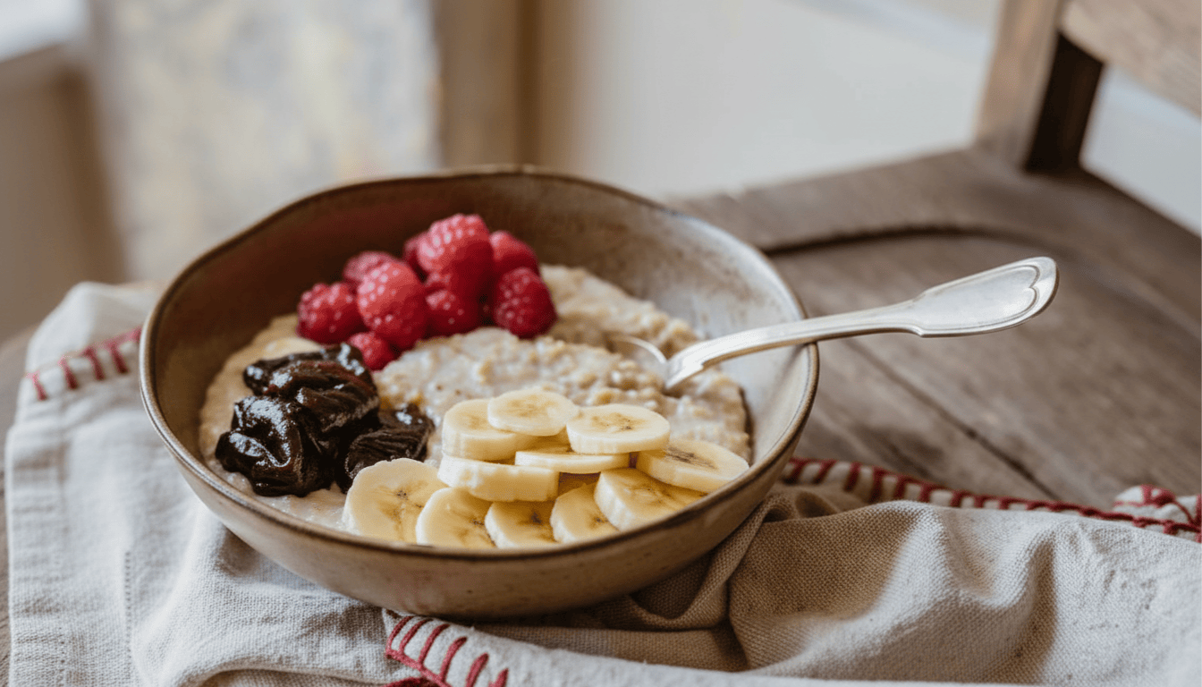 A bowl of oatmeal topped with sliced bananas, raspberries, and chocolate syrup on a cloth napkin.