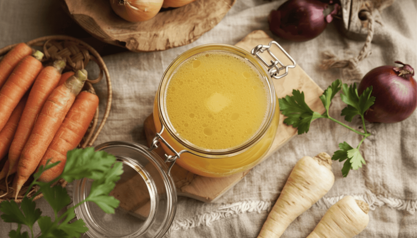 A jar of yellow juice surrounded by carrots, red onions, parsnips, and other produce on a rustic table.