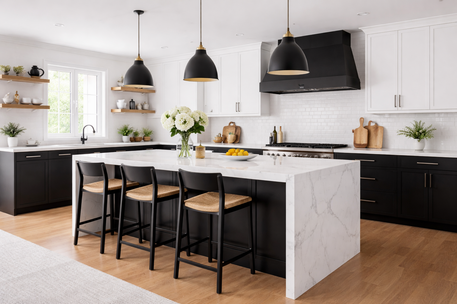 Modern kitchen with black and white cabinetry, marble island, black pendant lights, and wooden accents.
