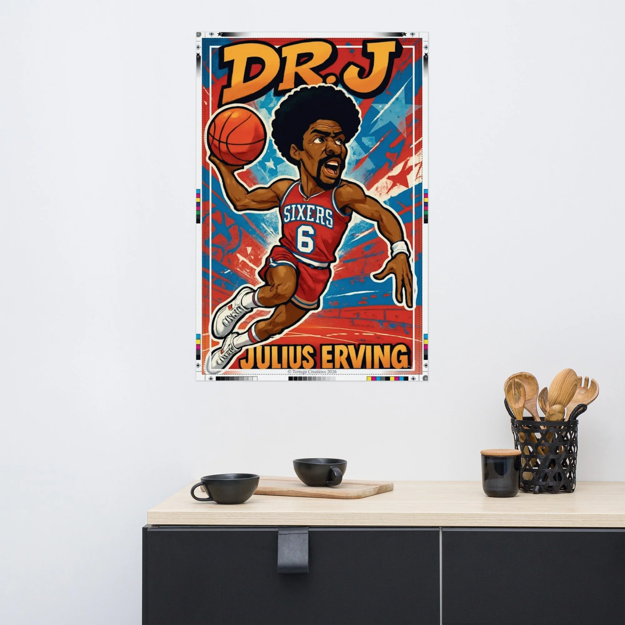 "Custom illustration of Julius Erving Dr. J Sixers by Tortuga Creations."