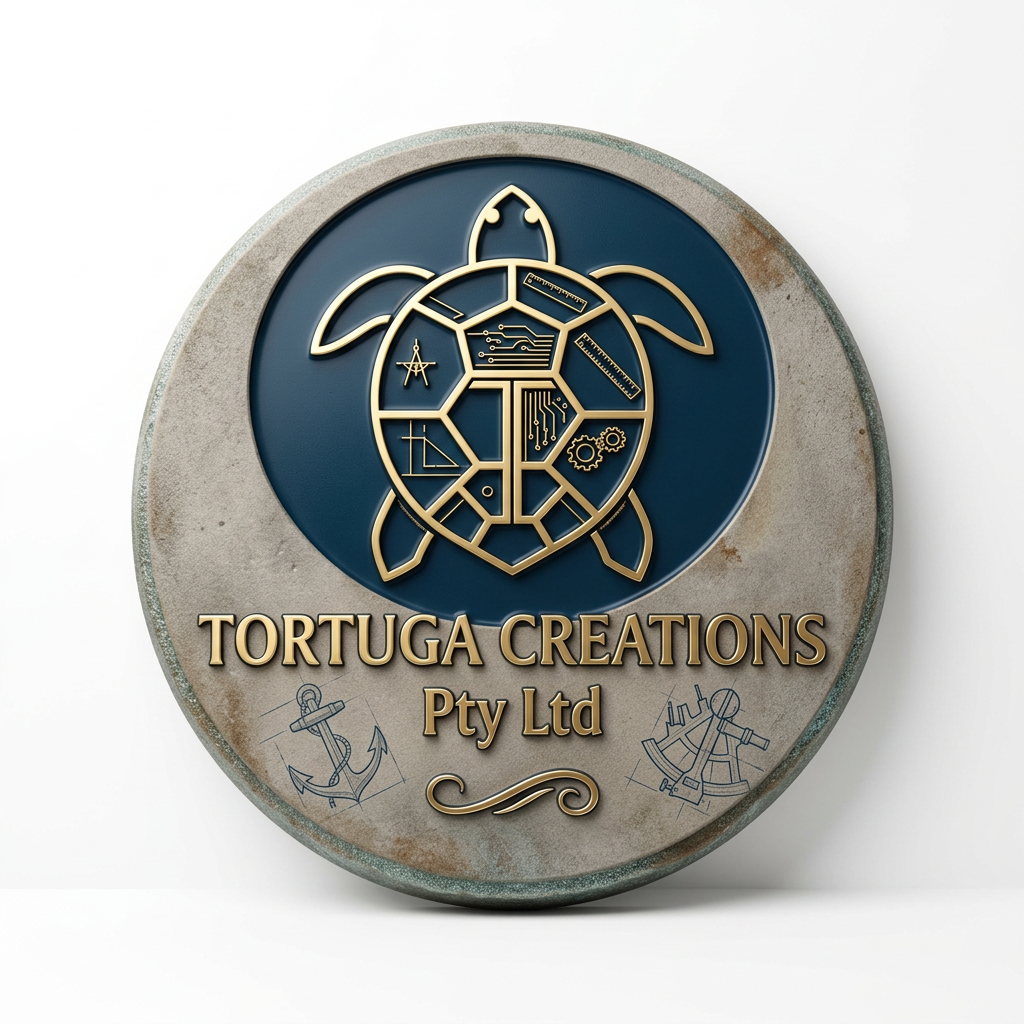 A round sign for Tortuga Creations Pty Ltd features a stylized turtle with an outer shell composed of various interconnected electronic and mechanical symbols. The background has a beige, weathered appearance with nautical-themed sketches of an anchor and a ship in blue outline at the bottom. The company name appears in gold lettering below the turtle logo.