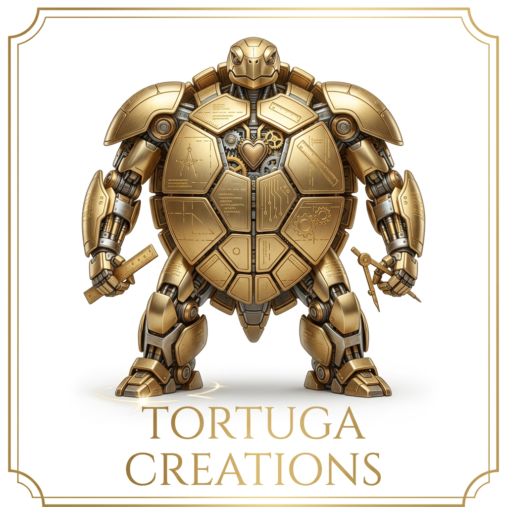 A robot designed to look like a turtle with a gold armored shell featuring mechanical and electronic details, holding a ruler in one hand and a compass in the other, with the text 'Tortuga Creations' beneath.
