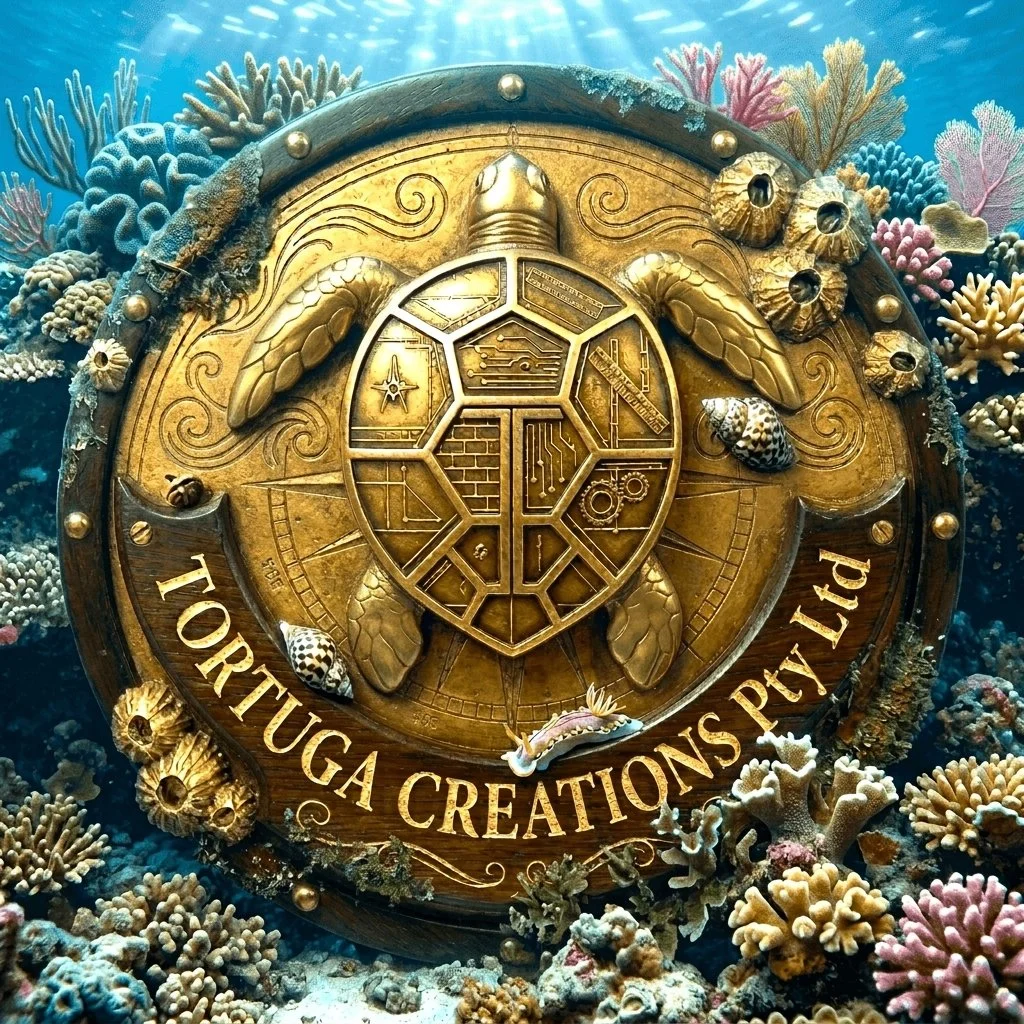 An ornate gold emblem of Tortuga Creations Pyt Ltd, designed with a turtle shell and wings, surrounded by colorful coral and underwater sea life.