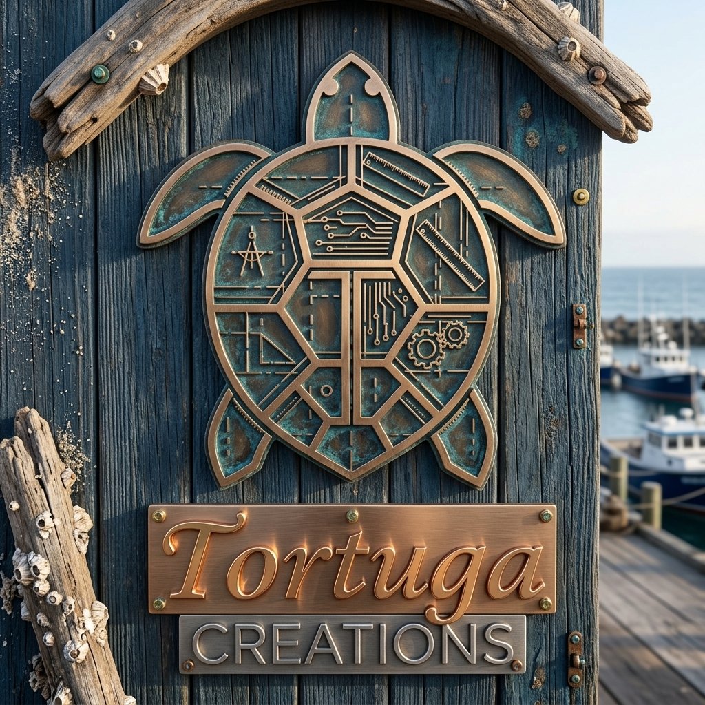 A decorative sign featuring a stylized turtle with circuit-like patterns inside, mounted on a wooden board near a marina. Below the turtle, there is a bronze-colored plaque with the text "Tortuga CREATIONS."