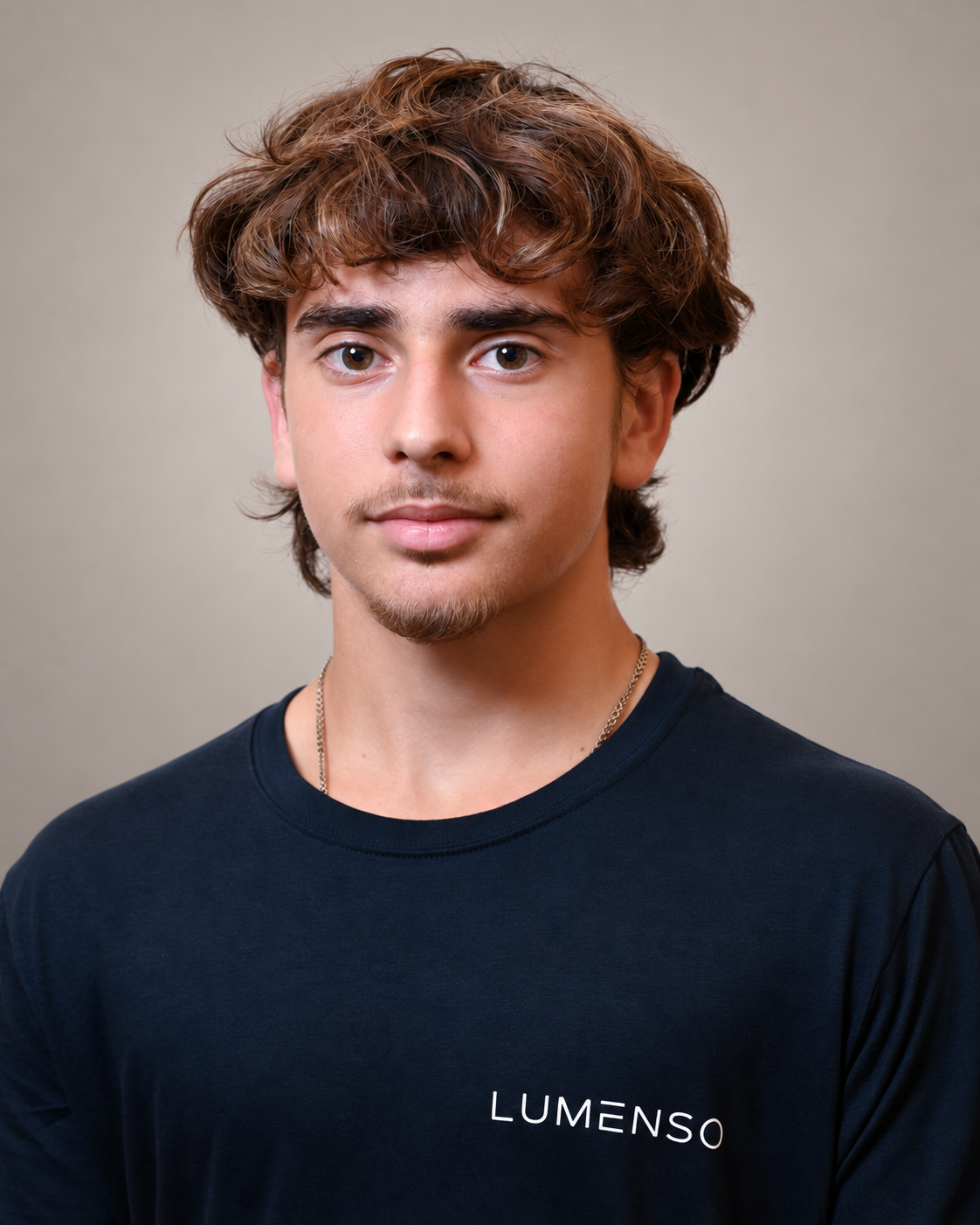 Ein junger Mann mit dunklem Haar und Bart trägt ein schwarzes T-Shirt mit dem Schriftzug "LUMENSO" auf der linken Brust. Er blickt direkt in die Kamera vor einem weißen Hintergrund.