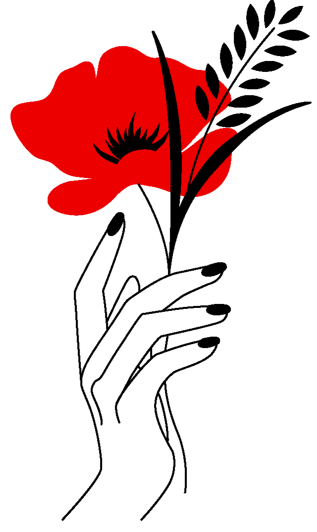 Kunstvolle rote Blume mit schwarzen Akzenten auf schwarzem Hintergrund, kombiniert mit schwarzem Text