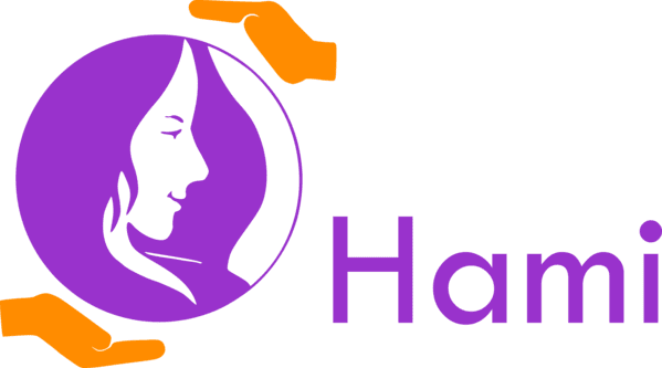 Ein Logo mit einer stilisierten Frauenfigur in einem Kreis, begleitet von den Worten »Hami«, in den Farben Lila und Orange.
