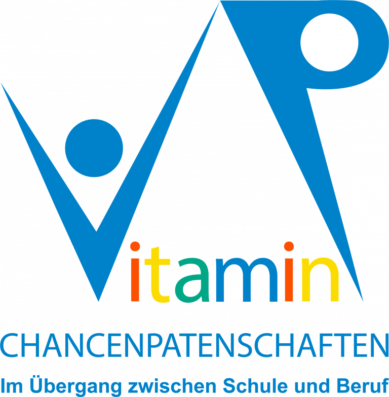 Logo mit blauen stilisierten Figuren, bunten Buchstaben und Text in Deutsch, der sich mit Bildung und Chancen befasst.