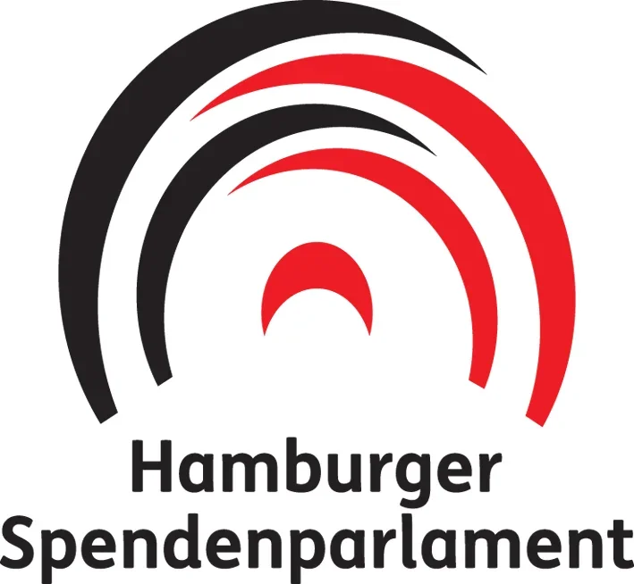 Logo des Hamburger Spendenparlaments mit roten und schwarzen Bögen und Text.