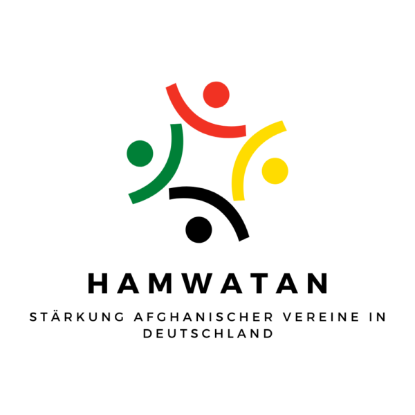 Logo mit vier stilisierten Figuren in Rot, Grün, Gelb und Schwarz, die sich im Kreis versammeln, darunter der Text 'HAMWATAN' und die deutsche Übersetzung 'Stärkung afghanischer Vereine in Deutschland'.