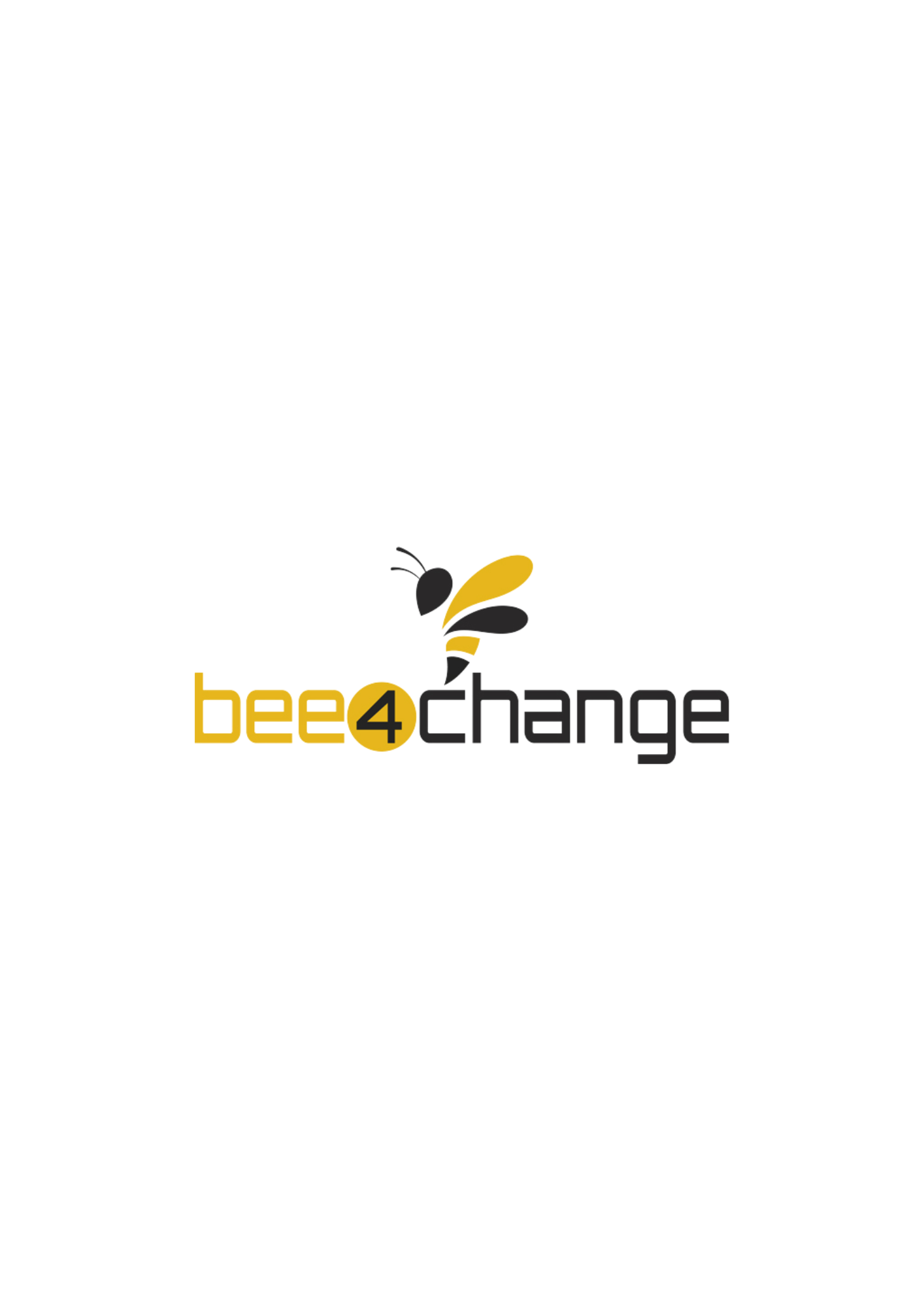 Logo mit einer Biene und dem Text "bee 4 change" in Schwarz und Gelb.