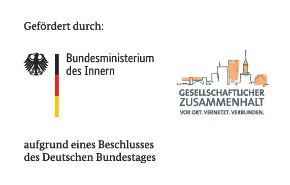 Text in deutscher Sprache, Logos des deutschen Innenministeriums und eine Illustration der deutschen Städte Skyline.