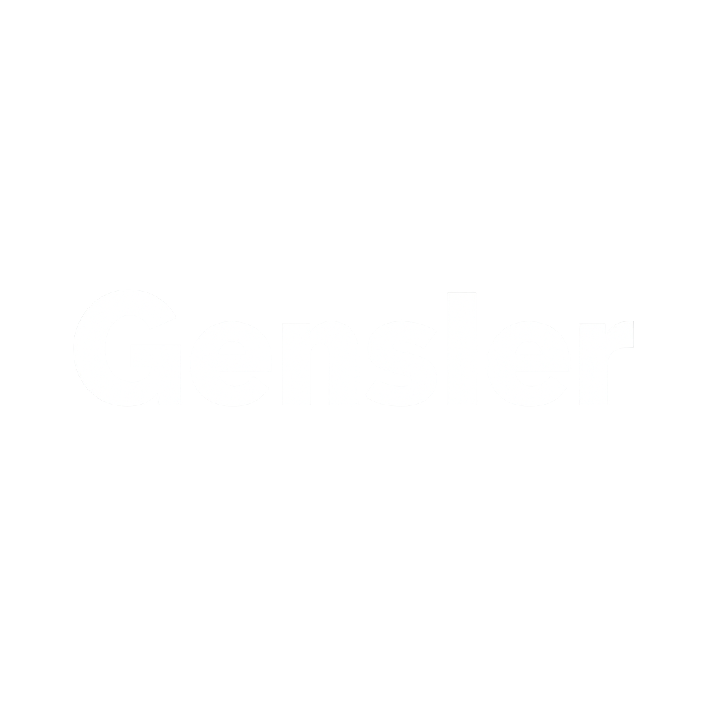 The word 'Gensler' illuminated in white glowing letters on a black background.