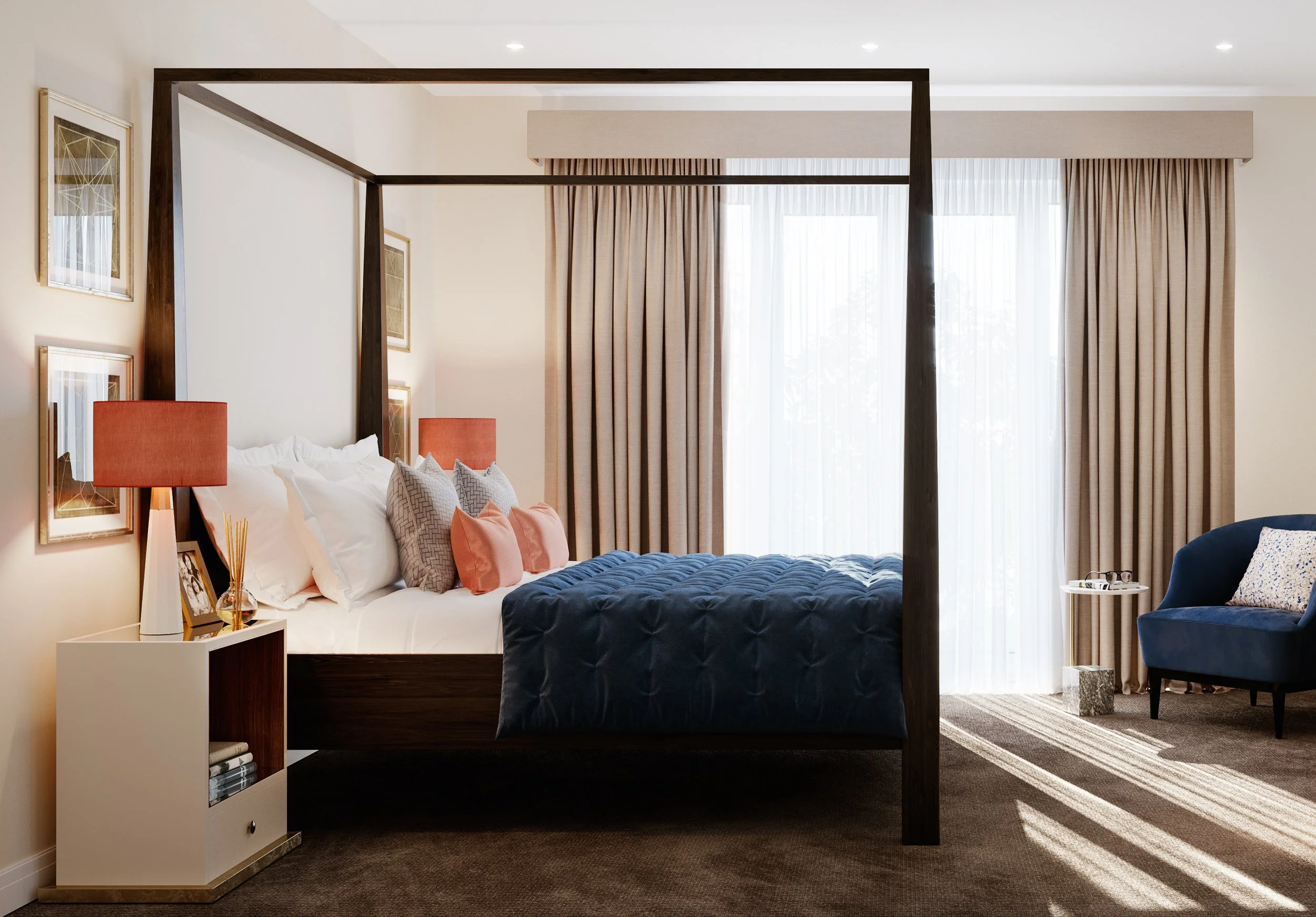 A bedroom featuring a four-poster bed with pillows and white linens, a nightstand with a lamp, and a sitting area with a blue armchair near large windows with beige curtains.