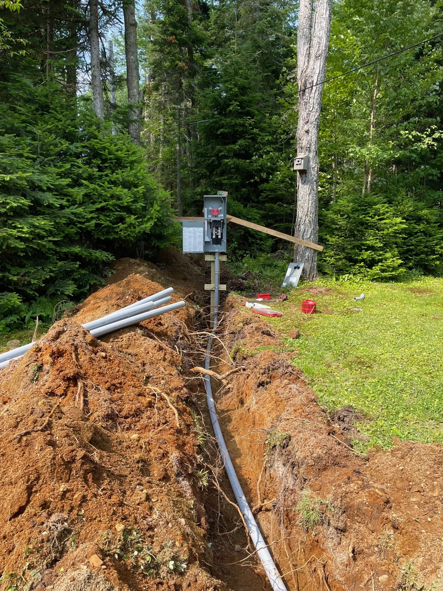 Underground electrical work with conduit pipes and an open electrical box among trees and grass.