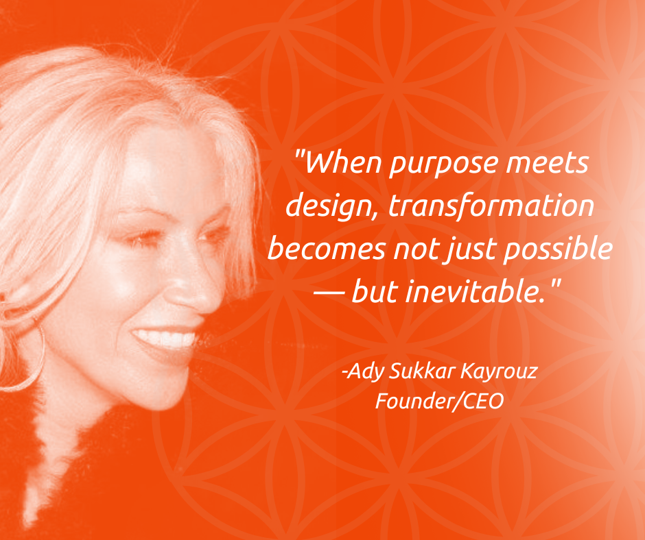 An orange background with a pattern and a side profile of a smiling woman with blonde hair. Overlaid is a quote by Ady Sukkar Kayrouz.