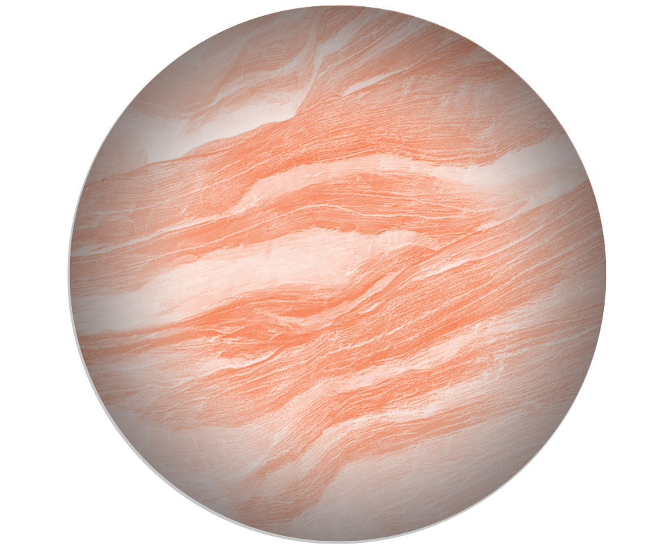 An orb with a graphic in orange tones. The image inside the orb is a close-up of a canyon wall depicting sedimentary layers.