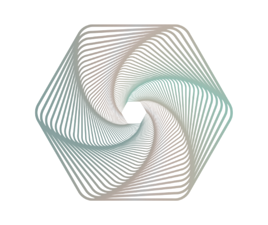 A digital 3D spiral hexagon made of numerous hexagonal lines slightly shifting as the move inward, creating an optical illusion of a motion. The pattern is a pinwheel-like shape with a soft gradient of light blue and coral colors.