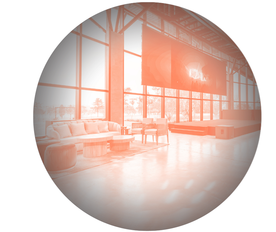 An orb with a graphic in orange tones. The image inside the orb is a bright, spacious modern interior with large floor-to-ceiling windows, white sofa, and chairs.