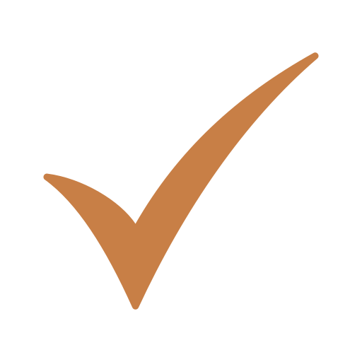 A large brown check mark inside a black circle.