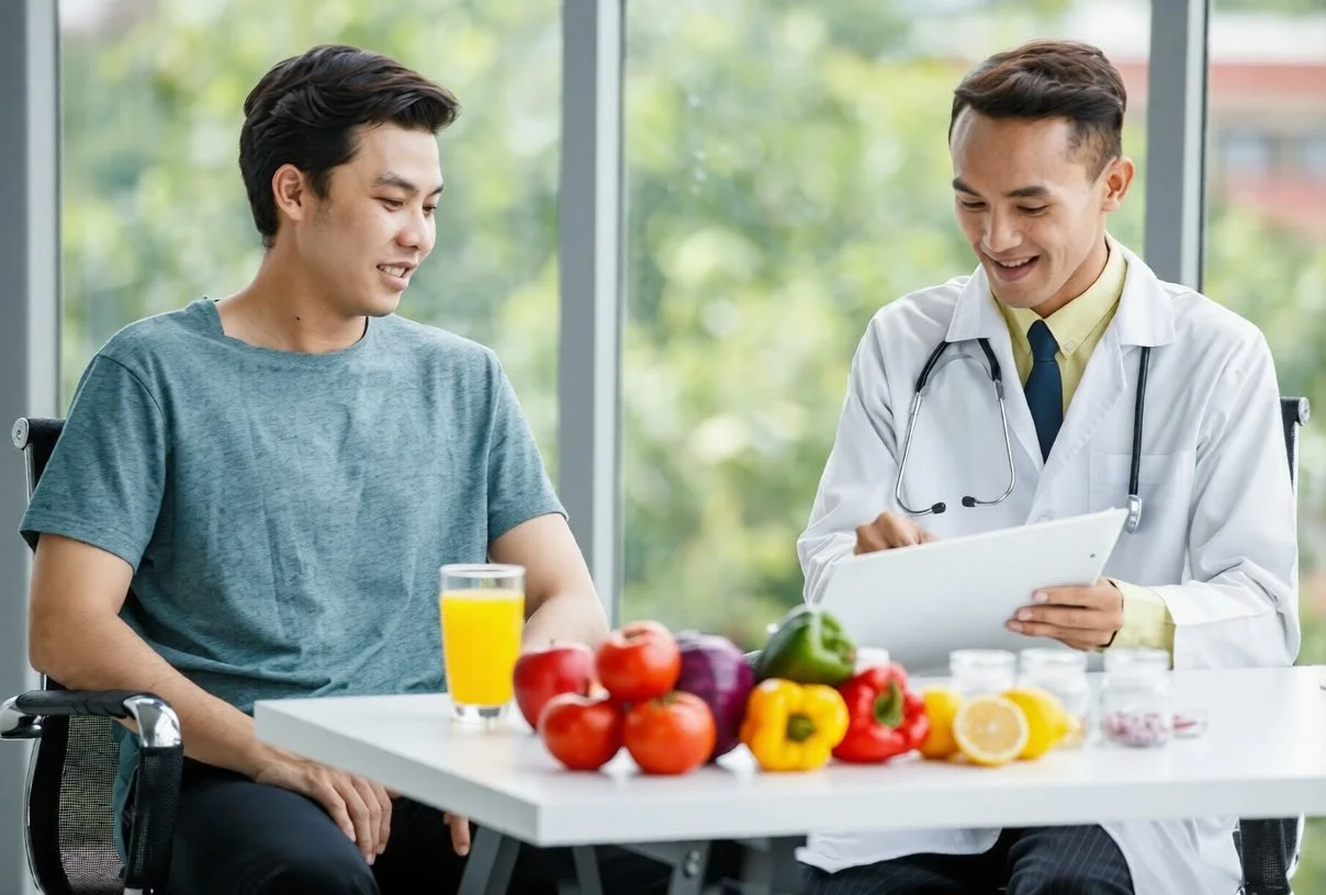 A healthcare professional and a patient sitting at a table with fresh fruits and vegetables, a glass of orange juice, and pills, in a bright room with large windows.