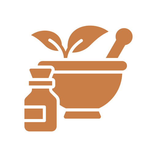 A brown icon of a mortar and pestle with leaves inside, alongside a small bottle, representing herbal medicine or natural remedies.