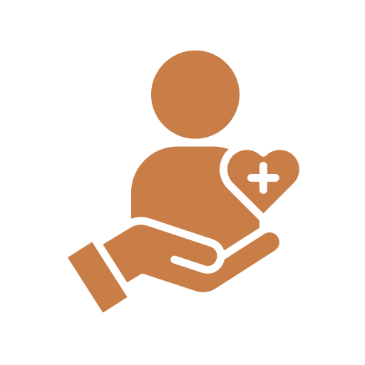 A hand holding a person icon with a heart and plus symbol, representing health or caregiving.
