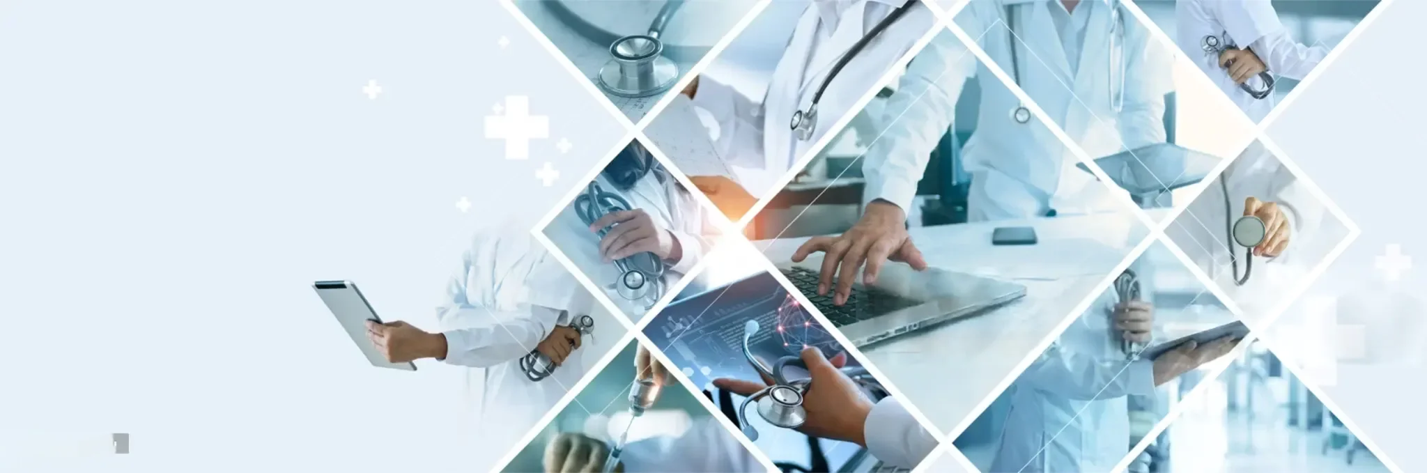 Medical professionals in white coats using digital devices and medical tools, with a focus on stethoscopes and laptop, in a modern healthcare setting.