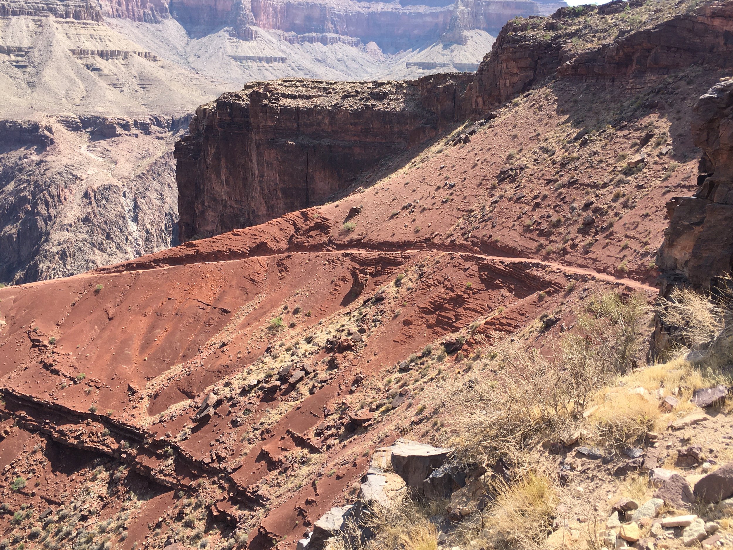 A view of the Grand Canyon showing layered red, brown, and gray rock formations and steep cliffs under a clear sky.